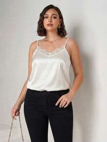 Chikora Plus Size Women Elegant Lace Patchwork Camisole Top - White - View 3