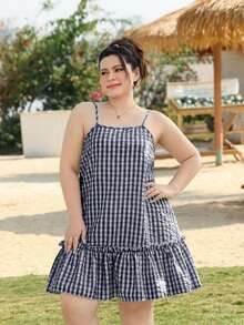 SHEIN EZwear Plus Size Women's Summer Casual Vacation Style Patterned Print Ruffle Hem Loose Strap Dress - Navy Blue - View 6
