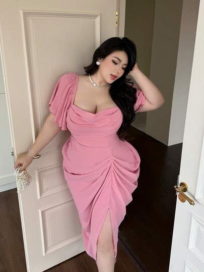 Vibekara Summer New Arrival High-Quality Solid Color Elegant Sexy Short Sleeve Ruffle Long Slit Dress