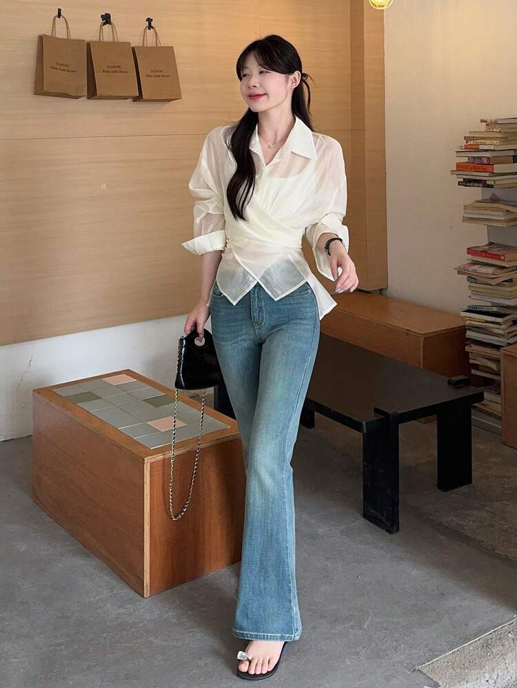 Women's Ivory Tencel Shirt With Waist Cinching Design, Cross Front Long Sleeve Blouse