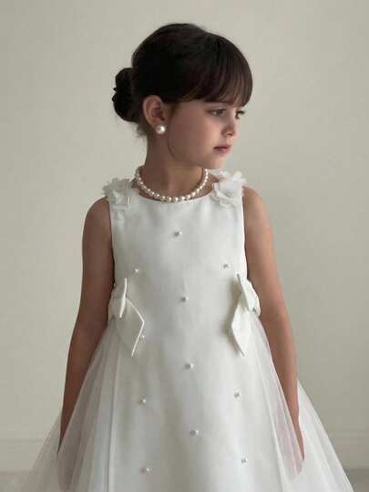 SHEIN Young Girl Solid Color 3D Floral Patchwork Round Neck Sleeveless Casual Chiffon Dress