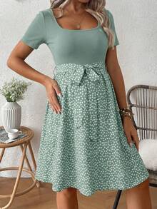 SHEIN Maternity Summer Casual Ditsy Floral Patchwork Dress - Green - View 4