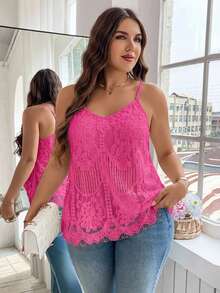 Reflora Áo camisole ren cổ tim màu trơn dáng rộng mùa hè cỡ lớn - Màu Hồng Tươi - Xem 5