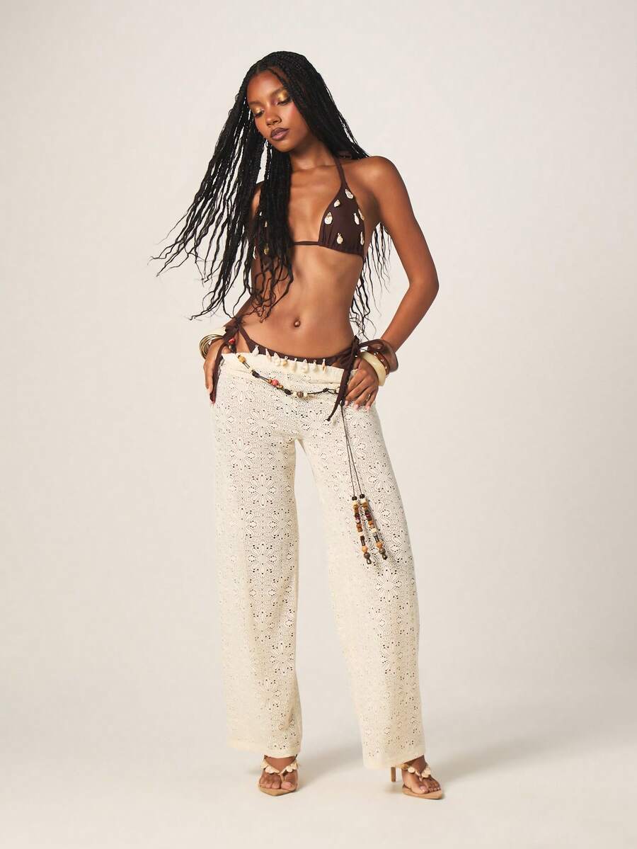MISSGUIDED Crochet Lace Wide Leg Palazzo Pants High Rise Beach Cover Up Casual Summer Vacation Loose Fit Boho Style Pants - Apricot - View 1