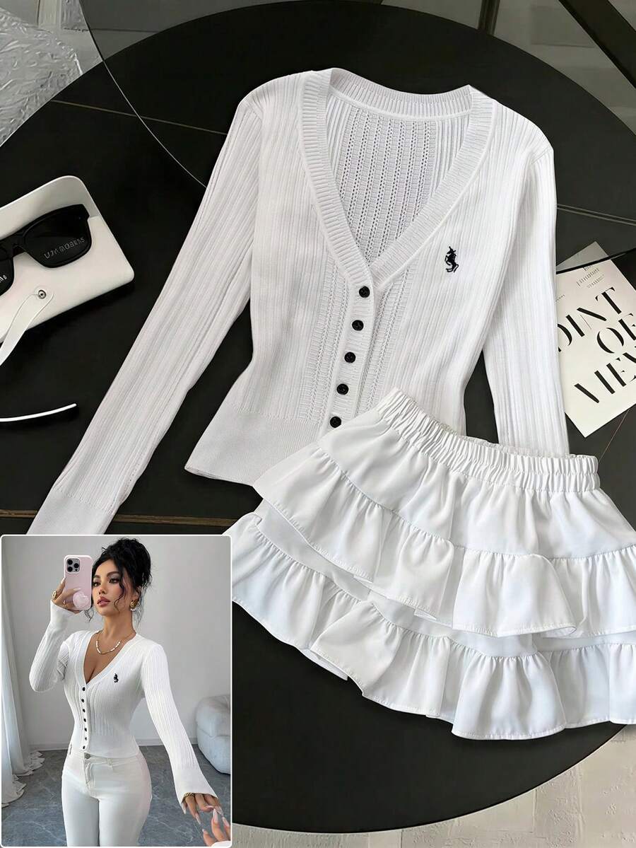 SHEIN Elenzya Áo khoác cardigan ngắn dệt kim dáng ôm cổ chữ V thêu họa tiết mới dành cho nữ, cài một hàng khuy, eo chun. - trắng - Xem 1