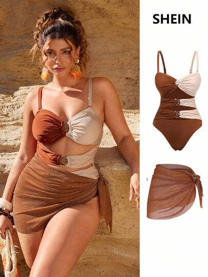 Swim Oasis Plus Size Women Vacation Contrast Color Ruched Hollow Out Sexy Spaghetti Strap One-Piece Swimsuit With Cover Up Skirt