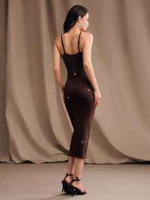 Anewsta Elegant Rhinestone Embellished Dress, Suitable For Daily Wear, Dates, Parties, Galas, Beach Holidays - Coffee Brown - View 7