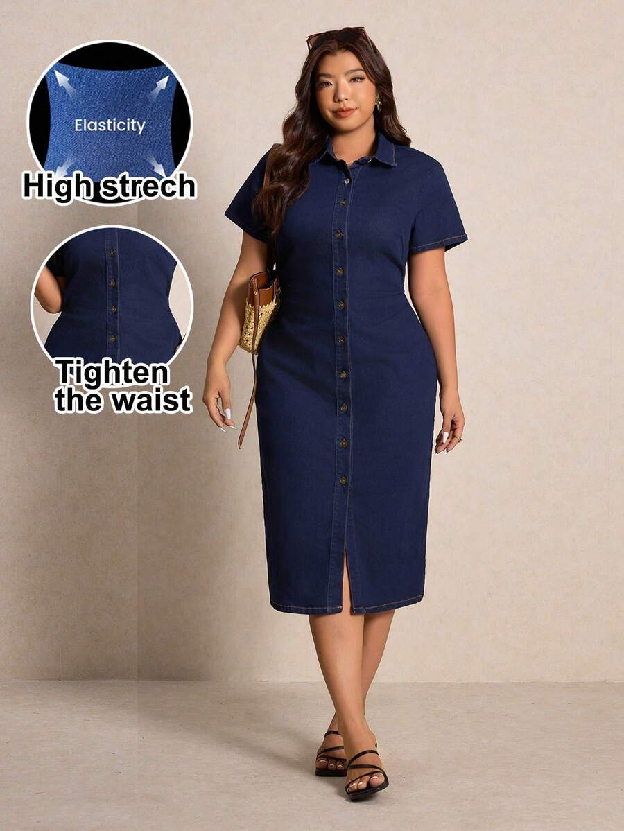 Elaquor Plus Size Casual Commuter Front Button Fitted Denim Dress - Dark Wash - View 1