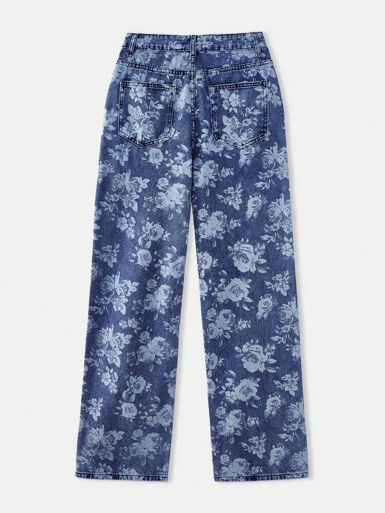 Jeans a vita alta e gamba ampia con stampa floreale in denim, stile francese e parigino, adatti per uscite e feste primaverili