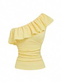 GlowEve New Waist-Cinching Textured Asymmetric Shoulder Ruffle Cream Yellow Summer Sweet Versatile Gentle Mature Commute Casual Blouse For Women - Yellow - View 1