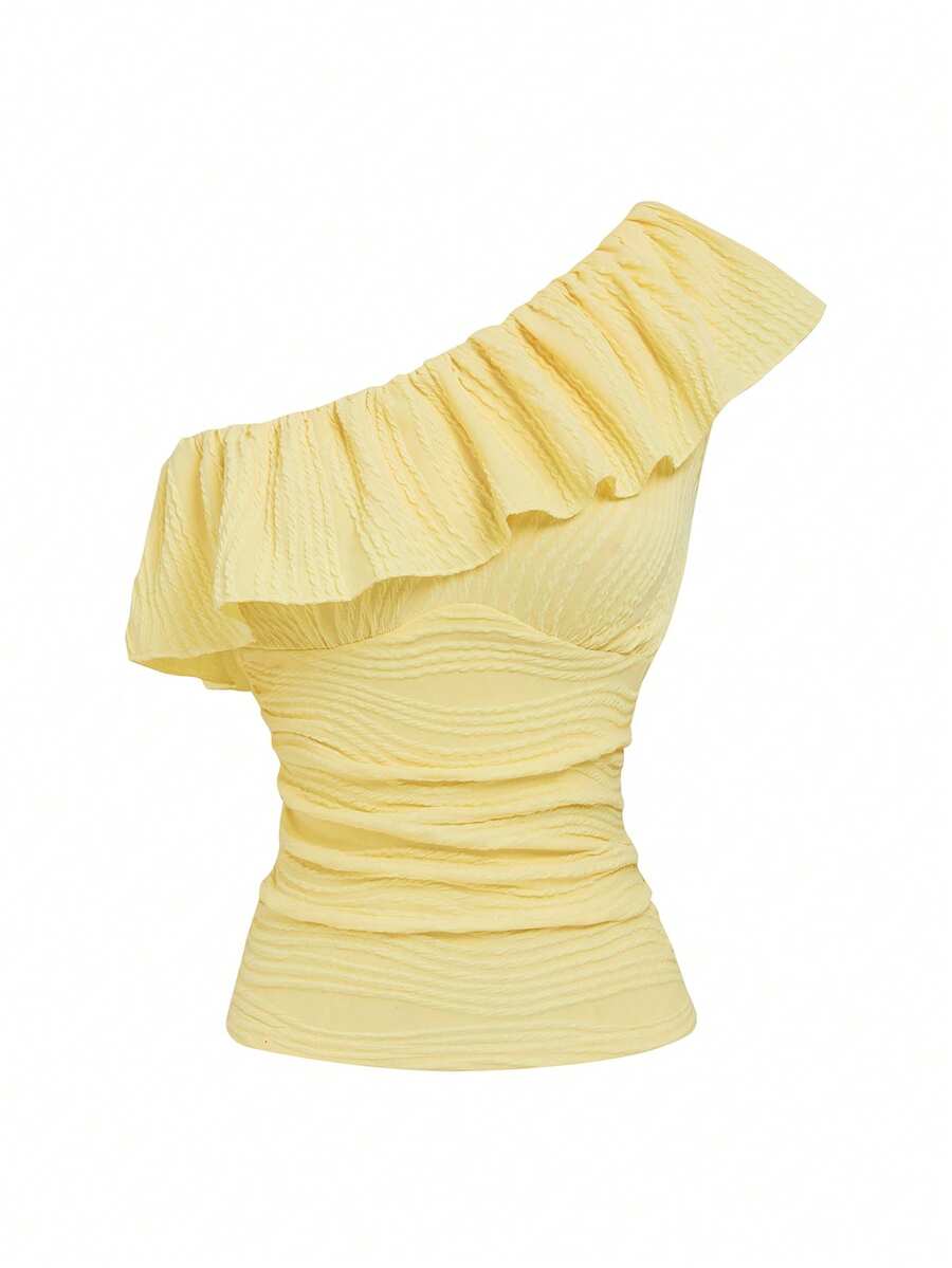 GlowEve New Waist-Cinching Textured Asymmetric Shoulder Ruffle Cream Yellow Summer Sweet Versatile Gentle Mature Commute Casual Blouse For Women - Yellow - View 1