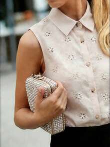 Balvessa Women's Embroidered Hollow Out Sleeveless Collared Blouse - Apricot - View 1