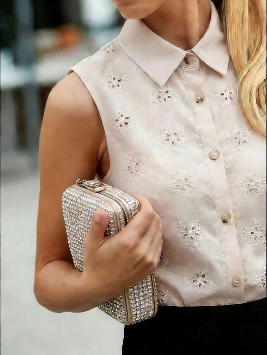 Balvessa Women's Embroidered Hollow Out Sleeveless Collared Blouse - Apricot - View 1