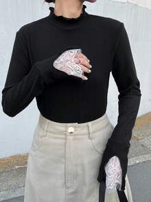 FRIFUL Women's Casual Contrast Lace Stand Collar T-Shirt, Spring/Autumn - Black - View 6