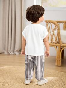 Cozy Pixies 2pcs Baby Boy Decorative Pocket Knitted Soft Round Neck Drop Shoulder Short Sleeve Top & Striped Pants Set - Multicolor - View 9