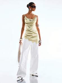 LYSMO 2026新款极简主义春夏女式撞色蕾丝垂褶领吊带背心，夏季海滩度假女装 - 綠色 - 查看 5