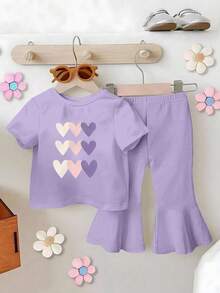 SHEIN 2pcs/Set Baju Anak Perempuan Ungu & Celana Lebar, Motif Hati, Gaya Putri yang Imut, Nyaman untuk Musim Semi, Musim Panas, Musim Gugur, Musim Dingin - MultiWarna - View 7