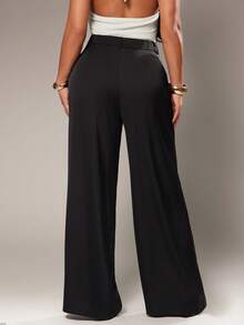 Radiana 女士简约现代黑色缎面宽松阔腿西装裤，办公长裤，黑色阔腿裤，高腰阔腿裤，黑色西装裤，缎面长裤，缎面西装裤，黑色长裤，休闲裤 - 黑色 - 查看 2