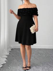 Elenzga Plus Size Women Off-Shoulder Floral Decor Elegant Waist Cinched Party Dress - Black - View 5