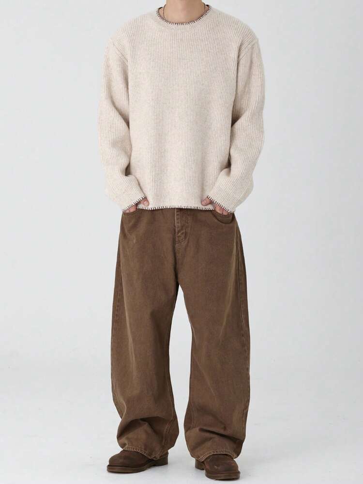 Men's Distressed Brown Washed Long Denim Jeans, Suitable For Spring And Autumn
