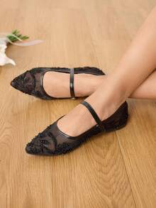 CUCCOO HITCHD Bailarinas elegantes para uso diario con bordado de flores, malla de red y decoración de perlas para mujer - Negro - Ver 4