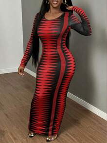 SHEIN SXY Gaun Maxi Bodycon Motif Abstrak untuk Wanita Ukuran Plus - Merah - View 4