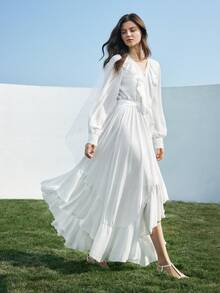 Ontre 2026春夏新款浪漫荷叶边下摆A字宽松连衣裙，适合情人节和婚礼季 - 白色 - 查看 2