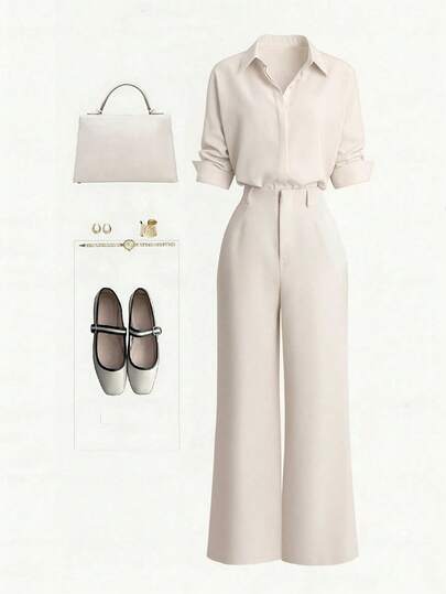 Franclia 新款纯色前开襟纽扣卷袖衬衫搭配直筒裤休闲通勤套装