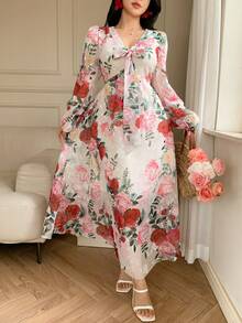 DAZY Women's Floral Print Front Knot Lantern Sleeve Elegant Dress - Beige - View 3