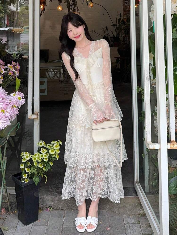 Women's Solid Color Long Waist-Cinched Lace Long Sleeve Dress, Layered Skirt Midi Dress Sundress