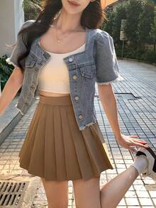 DAZY 女士方领水洗牛仔休闲少女风衬衫 - 藍色 - 查看 3