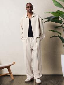 SUMWON 罗纹长袖衬衫和宽松阔腿裤套装，休闲家居服搭配 - 杏色 - 查看 1