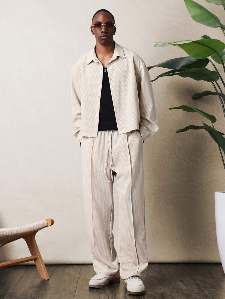 Ribbed Long Sleeve Shirt And Wide Leg Pants Set