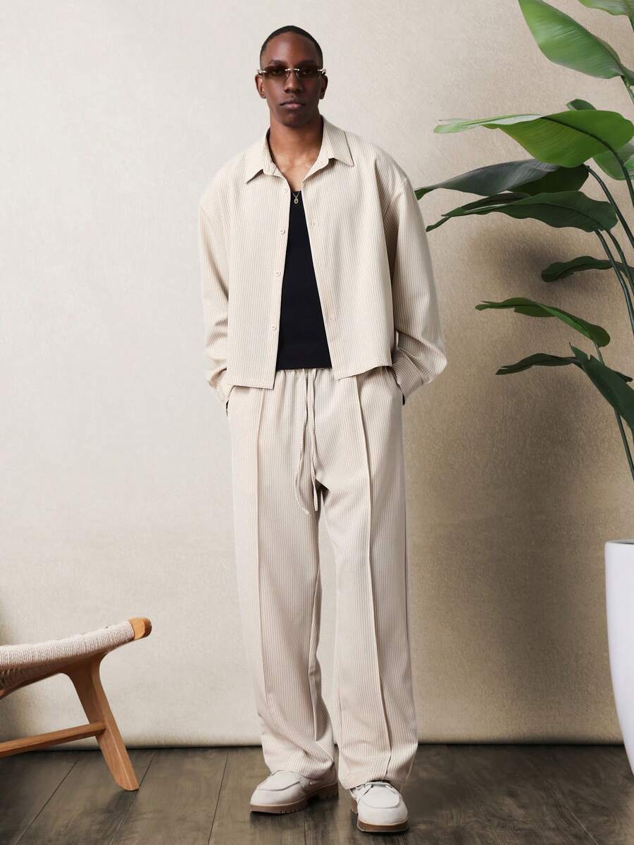 SUMWON 罗纹长袖衬衫和宽松阔腿裤套装，休闲家居服搭配 - 杏色 - 查看 1