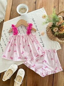 SHEIN 女宝宝度假休闲可爱粉白条纹蝴蝶结吊带背心和短裤套装 - 粉色 - 查看 7