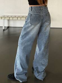 Livesso Jeans de pierna ancha con botones y bolsillos, de uso casual y versátil para uso diario de mujeres - Azul - Ver 2