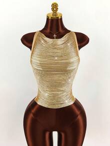 Amplova 女士金色流苏露背吊带交叉绑带流苏金色上衣，性感前卫，适合约会和派对穿着 - 金色 - 查看 8