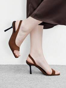 CUCCOO BIZCHIC Sandalias de tacón alto para mujer de unicolor, elegantes y simples, con puntera cuadrada y tacón delgado de terciopelo marrón - Marrón - Ver 3