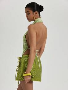 Coolane Women's Spring/Summer Chic Vacation Outfits Sequin Floral Sparkly Green Cowl Neck Backless Tank Tops - Green - View 3