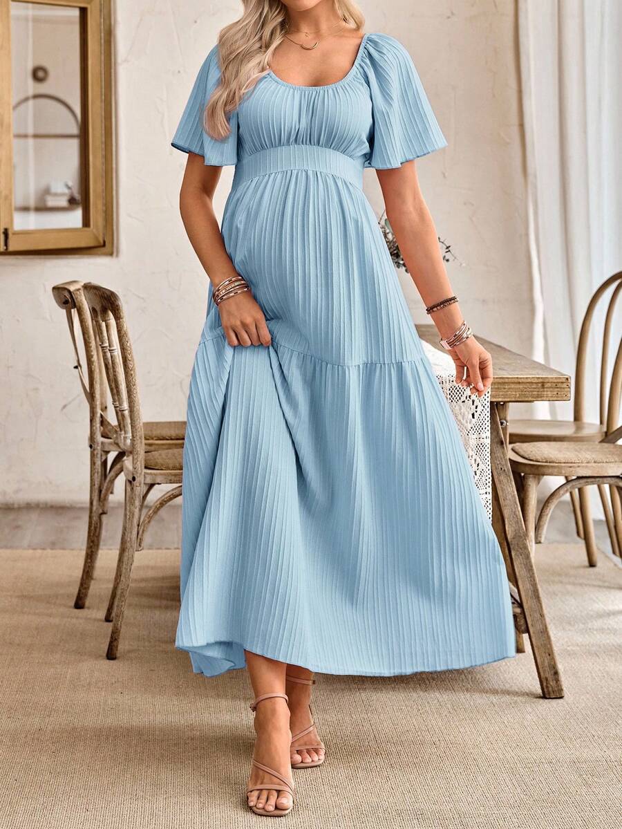 SHEIN Gravidklänning med A-linjeform och volangärmar, rosett baktill - Babyblå - Visa 1