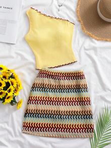 SHEIN Bộ đồ mùa hè thường ngày cho bé gái, áo không tay và chân váy ngắn phối họa tiết tương phản, chất liệu vải, với kiểu dáng thoải mái. - Màu vàng - Xem 9