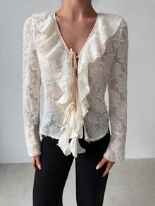 Firerie Blouse évasée à manches évasées avec col Mao, garniture à volants et texture jacquard pour femmes, style vintage élégant, couleur abricot - Nude - Voir 4