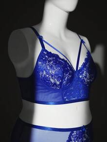 SHEIN 2pcs Plus Size Sexy Lace Patchwork Lingerie Set - Blue - View 10