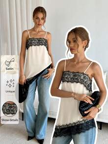 Siren Gaze Blusa elegante de mujer con bloques de color, parches de encaje y bajo asimétrico para uso diario - Multicolor - Ver 1