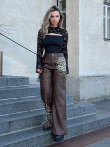 Jeta Ari 秋冬新款时尚铆钉PU女士西装裤 - 棕色 - 查看 6