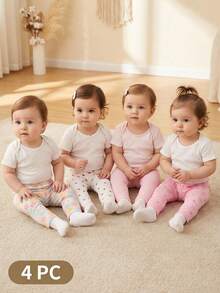 SHEIN 5件套女婴休闲百搭彩色花卉条纹印花裤子，春夏款 - 彩色 - 查看 9