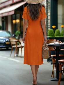 Balvessa Women's V-Neck Waist Tie Midi Dress For Commuting - Burnt Orange - View 2