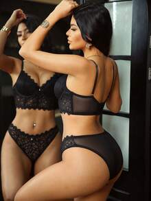 2pcs Lace Contrast Mesh Underwire Bra Set For Women - Black - View 2