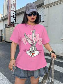 LOONEY TUNES X SHEIN Áo thun tay ngắn cổ tròn in chữ và hình thỏ hoạt hình, cỡ lớn, phong cách mùa hè - trắng - Xem 3
