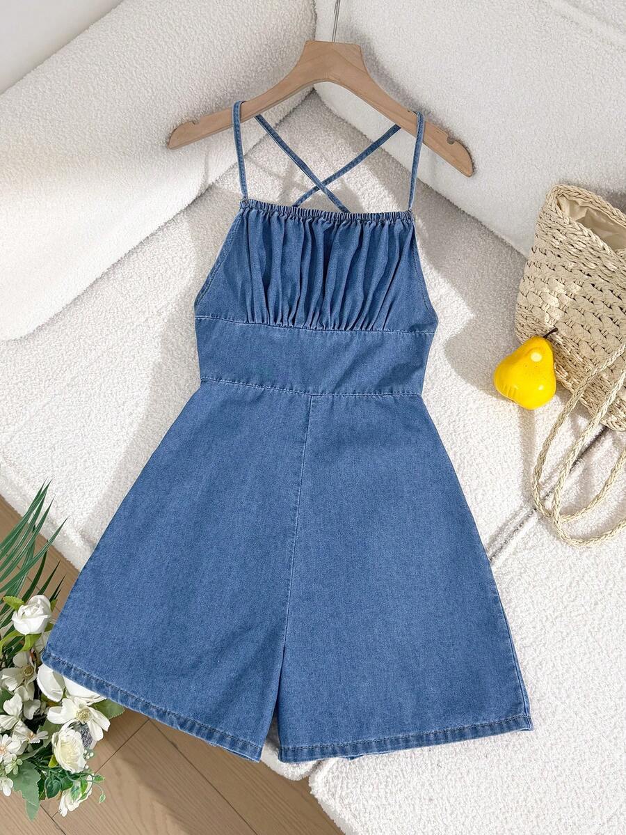Comfortcana Women's Pleated Casual Loose Denim Romper Summer Outfit For Women Spring Outfit Women Easter Outfit Women Festival Outfits For Women Beach Outfits For Women Beach Outfit Casual Jumpsuit For Women Vacation Outfits Women Summer Holiday Outfits Vacation Outfits For Women Country Concert Outfit Blue Jumpsuit For Women - Light Wash - View 1